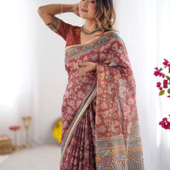 Rust Maroon Handloom Cotton Saree with Floral Jaal & Multicolor Mandala Pallu Art