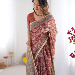 Rust Maroon Handloom Cotton Saree with Floral Jaal & Multicolor Mandala Pallu Art