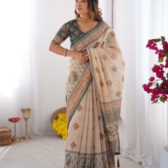 Ivory & Teal Handloom Cotton Saree with Buti Print, Mandala Motifs & Peacock Pallu