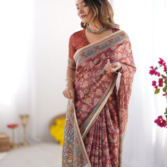 Rust Maroon Handloom Cotton Saree with Floral Jaal & Multicolor Mandala Pallu Art