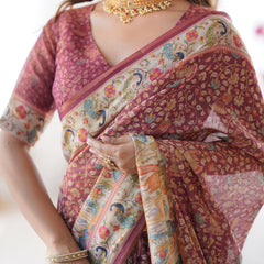 Maroon Handloom Cotton Saree with All-Over Floral Print & Multicolor Royal Procession Pallu
