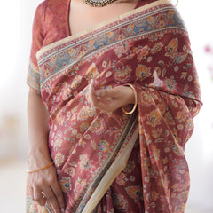 Rust Maroon Handloom Cotton Saree with Floral Jaal & Multicolor Mandala Pallu Art
