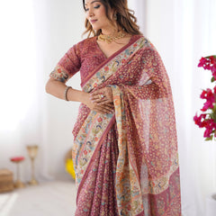 Maroon Handloom Cotton Saree with All-Over Floral Print & Multicolor Royal Procession Pallu