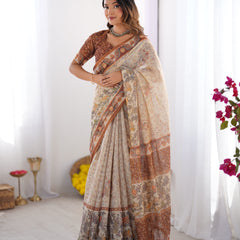 Elegant Beige & Brown Pure Linen Cotton Handloom Saree with Animal Motifs and Floral Prints