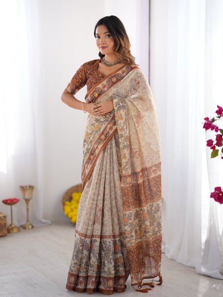 Elegant Beige & Brown Pure Linen Cotton Handloom Saree with Animal Motifs and Floral Prints