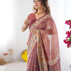 Maroon Handloom Cotton Saree with All-Over Floral Print & Multicolor Royal Procession Pallu
