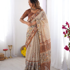 Elegant Beige & Brown Pure Linen Cotton Handloom Saree with Animal Motifs and Floral Prints