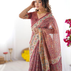 Maroon Handloom Cotton Saree with All-Over Floral Print & Multicolor Royal Procession Pallu