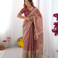 Maroon Handloom Cotton Saree with All-Over Floral Print & Multicolor Royal Procession Pallu