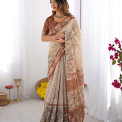 Elegant Beige & Brown Pure Linen Cotton Handloom Saree with Animal Motifs and Floral Prints