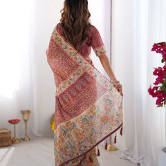 Maroon Handloom Cotton Saree with All-Over Floral Print & Multicolor Royal Procession Pallu