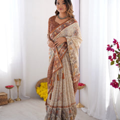 Elegant Beige & Brown Pure Linen Cotton Handloom Saree with Animal Motifs and Floral Prints