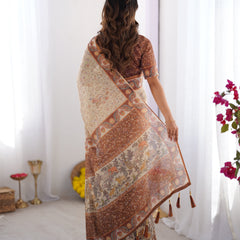 Elegant Beige & Brown Pure Linen Cotton Handloom Saree with Animal Motifs and Floral Prints