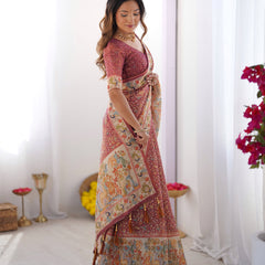 Maroon Handloom Cotton Saree with All-Over Floral Print & Multicolor Royal Procession Pallu