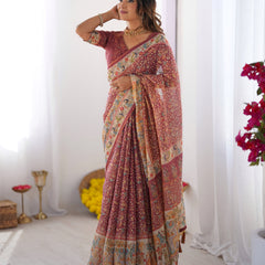 Maroon Handloom Cotton Saree with All-Over Floral Print & Multicolor Royal Procession Pallu