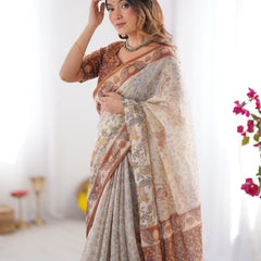 Elegant Beige & Brown Pure Linen Cotton Handloom Saree with Animal Motifs and Floral Prints