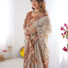 Elegant Beige & Brown Pure Linen Cotton Handloom Saree with Animal Motifs and Floral Prints