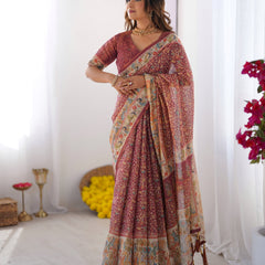 Maroon Handloom Cotton Saree with All-Over Floral Print & Multicolor Royal Procession Pallu