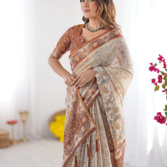 Elegant Beige & Brown Pure Linen Cotton Handloom Saree with Animal Motifs and Floral Prints