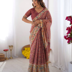 Maroon Handloom Cotton Saree with All-Over Floral Print & Multicolor Royal Procession Pallu