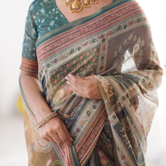 Teal Green & Brown Pure Linen Cotton Handloom Saree with Royal Cow & Tree Motif Pallu