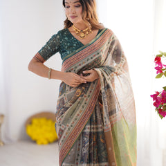 Teal Green & Brown Pure Linen Cotton Handloom Saree with Royal Cow & Tree Motif Pallu