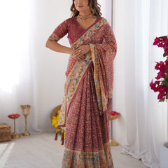 Maroon Handloom Cotton Saree with All-Over Floral Print & Multicolor Royal Procession Pallu