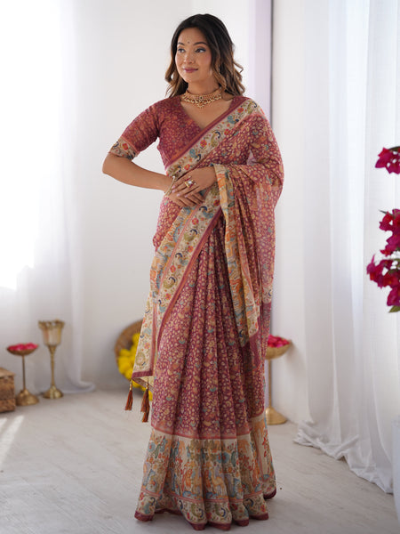 Maroon Handloom Cotton Saree with All-Over Floral Print & Multicolor Royal Procession Pallu