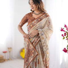 Elegant Beige & Brown Pure Linen Cotton Handloom Saree with Animal Motifs and Floral Prints
