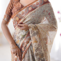 Elegant Beige & Brown Pure Linen Cotton Handloom Saree with Animal Motifs and Floral Prints