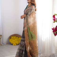Teal Green & Brown Pure Linen Cotton Handloom Saree with Royal Cow & Tree Motif Pallu