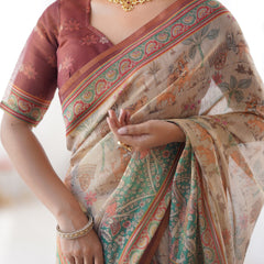 Beige & Green Handloom Cotton Saree with Village Life Print and Majestic Peacock Pallu