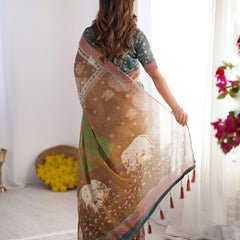 Teal Green & Brown Pure Linen Cotton Handloom Saree with Royal Cow & Tree Motif Pallu