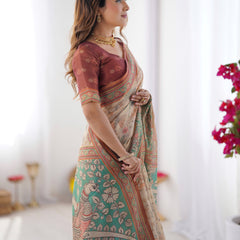 Beige & Green Handloom Cotton Saree with Village Life Print and Majestic Peacock Pallu