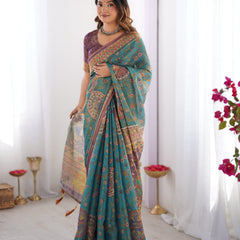 Sea Green & Purple Linen Cotton Saree with Hand-Painted Krishna Raas Leela Pallu