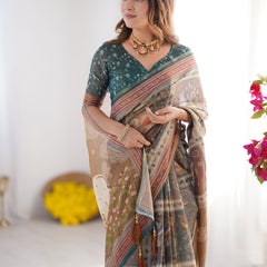 Teal Green & Brown Pure Linen Cotton Handloom Saree with Royal Cow & Tree Motif Pallu