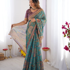 Sea Green & Purple Linen Cotton Saree with Hand-Painted Krishna Raas Leela Pallu