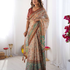 Beige & Green Handloom Cotton Saree with Village Life Print and Majestic Peacock Pallu