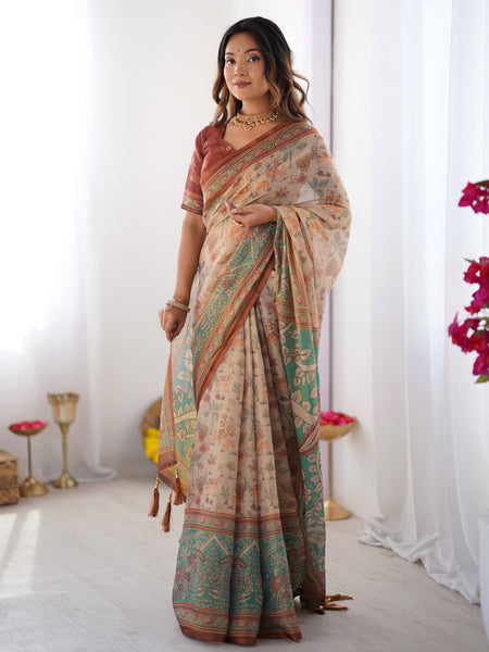 Beige & Green Handloom Cotton Saree with Village Life Print and Majestic Peacock Pallu