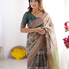 Teal Green & Brown Pure Linen Cotton Handloom Saree with Royal Cow & Tree Motif Pallu