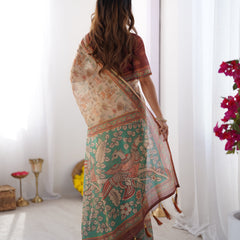 Beige & Green Handloom Cotton Saree with Village Life Print and Majestic Peacock Pallu