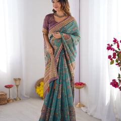 Sea Green & Purple Linen Cotton Saree with Hand-Painted Krishna Raas Leela Pallu