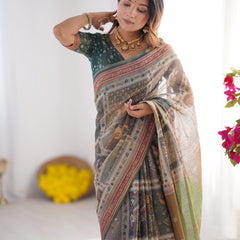 Teal Green & Brown Pure Linen Cotton Handloom Saree with Royal Cow & Tree Motif Pallu