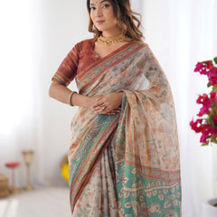 Beige & Green Handloom Cotton Saree with Village Life Print and Majestic Peacock Pallu