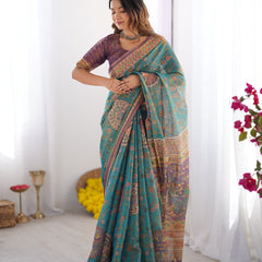 Sea Green & Purple Linen Cotton Saree with Hand-Painted Krishna Raas Leela Pallu