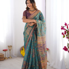 Sea Green & Purple Linen Cotton Saree with Hand-Painted Krishna Raas Leela Pallu