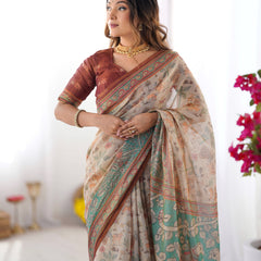Beige & Green Handloom Cotton Saree with Village Life Print and Majestic Peacock Pallu