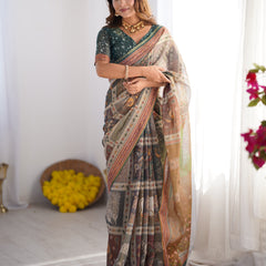 Teal Green & Brown Pure Linen Cotton Handloom Saree with Royal Cow & Tree Motif Pallu