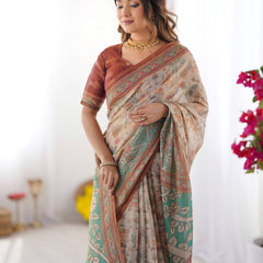 Beige & Green Handloom Cotton Saree with Village Life Print and Majestic Peacock Pallu