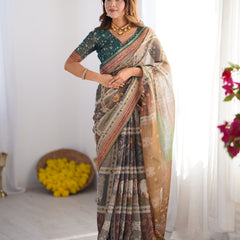 Teal Green & Brown Pure Linen Cotton Handloom Saree with Royal Cow & Tree Motif Pallu